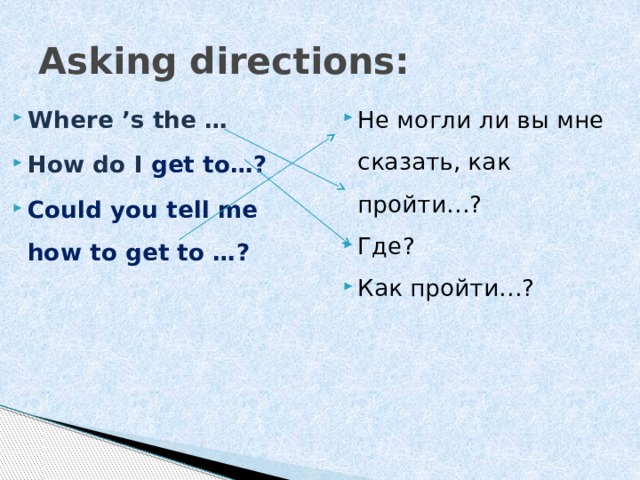 Asking directions: Where ’s the … How do I get to…? Could you tell me how to get to …? Не могли ли вы мне сказать, как пройти…? Где? Как пройти…? 