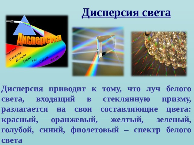 Дисперсия света   Дисперсия приводит к тому, что луч белого света, входящий в стеклянную призму, разлагается на свои составляющие цвета: красный, оранжевый, желтый, зеленый, голубой, синий, фиолетовый – спектр белого света  
