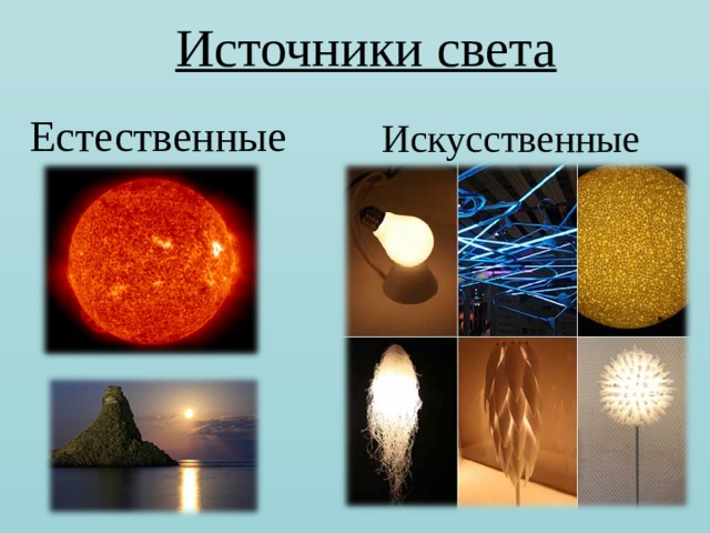 Источники света Естественные Искусственные 