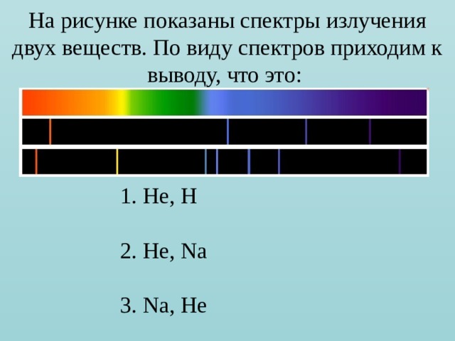 На рисунке показаны спектры излучения двух веществ. По виду спектров приходим к выводу, что это:  He, H   He, Na   Na, He 
