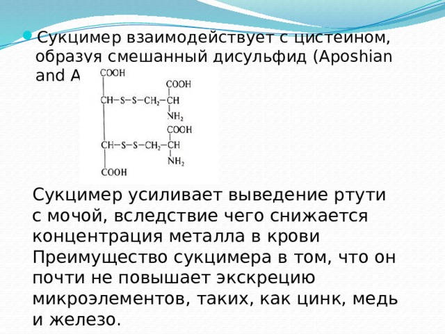 Сукцимер взаимодействует с цистеином, образуя смешанный дисульфид (Aposhian and Aposhian, 1990): Сукцимер усиливает выведение ртути с мочой, вследствие чего снижается концентрация металла в крови Преимущество сукцимера в том, что он почти не повышает экскрецию микроэлементов, таких, как цинк, медь и железо. 