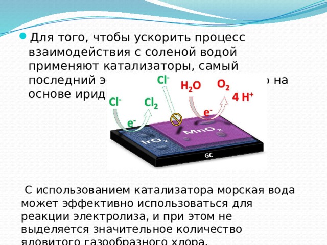 Для того, чтобы ускорить процесс взаимодействия с соленой водой применяют катализаторы, самый последний эффективный катализатор на основе иридия.  С использованием катализатора морская вода может эффективно использоваться для реакции электролиза, и при этом не выделяется значительное количество ядовитого газообразного хлора. 