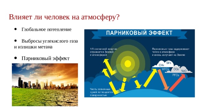 Влияет ли человек на атмосферу? Глобальное потепление Выбросы углекислого газа и излишки метана Парниковый эффект 