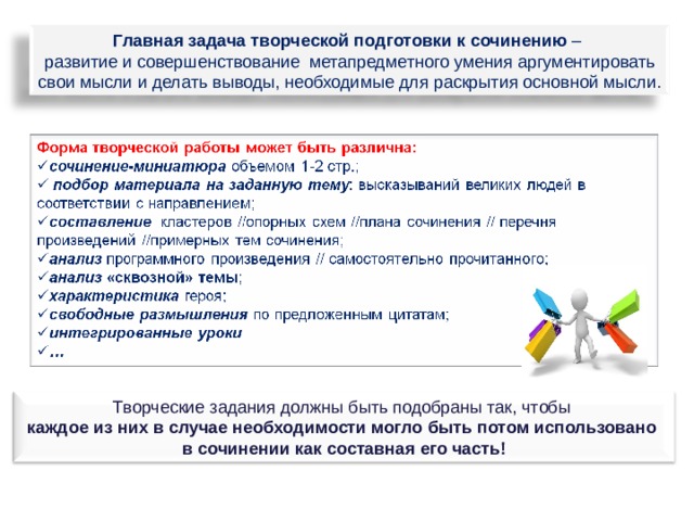 Главная задача творческой подготовки к сочинению – развитие и совершенствование метапредметного умения аргументировать свои мысли и делать выводы, необходимые для раскрытия основной мысли. Творческие задания должны быть подобраны так, чтобы каждое из них в случае необходимости могло быть потом использовано в сочинении как составная его часть! 19 