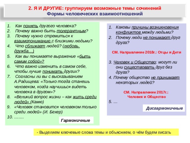 2. Я И ДРУГИЕ: группируем возможные темы сочинений Формы человеческих взаимоотношений 1.  Как понять другого человека? 2. Почему важно быть толерантным ? 3. Почему нужно стремиться к взаимопониманию с близкими людьми? 4. Что сближает людей? ( любовь, дружба…) 5. Как вы понимаете выражение « быть самим собой»? 6. Что важно изменить в самом себе, чтобы лучше понимать других? 7. Согласны ли вы с высказыванием А.Радищева: «Только тогда станешь человеком, когда научишься видеть человека в другом»? «Великий вопрос жизни – как жить среди людей» (Камю) «Человек становится человеком только среди людей» (И. Бехер) …… .  Каковы причины возникновения конфликтов между людьми? Почему люди не понимают друг друга? СМ. Направление 2018г.: Отцы и Дети  3. Человек и Общество : могут ли они существовать друг без друга? 4. Почему общество не принимает некоторых людей?  СМ. Направление 2017г.: Человек и Общество 5. …   Дисгармоничные Гармоничные  - Выделяем ключевые слова темы и объясняем, о чём будем писать 34 