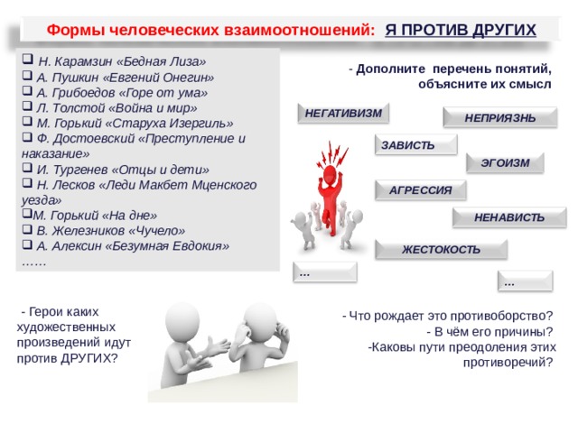 Формы человеческих взаимоотношений: Я ПРОТИВ ДРУГИХ  Н. Карамзин «Бедная Лиза»  А. Пушкин «Евгений Онегин»  А. Грибоедов «Горе от ума»  Л. Толстой «Война и мир»  М. Горький «Старуха Изергиль»  Ф. Достоевский «Преступление и наказание»  И. Тургенев «Отцы и дети»  Н. Лесков «Леди Макбет Мценского уезда» М. Горький «На дне»  В. Железников «Чучело»  А. Алексин «Безумная Евдокия» ……  - Дополните перечень понятий, объясните их смысл НЕГАТИВИЗМ НЕПРИЯЗНЬ ЗАВИСТЬ ЭГОИЗМ АГРЕССИЯ НЕНАВИСТЬ ЖЕСТОКОСТЬ … …  - Герои каких художественных произведений идут против ДРУГИХ?  - Что рождает это противоборство?  - В чём его причины?  -Каковы пути преодоления этих противоречий? 36 