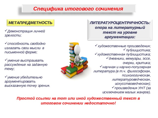 Специфика итогового сочинения МЕТАПРЕДМЕТНОСТЬ ЛИТЕРАТУРОЦЕНТРИЧНОСТЬ: опора на литературный текст на уровне аргументации: Демонстрация личной зрелости;  способность свободно излагать свои мысли в письменной форме;  умение выстраивать рассуждение на заданную тему;  умение убедительно аргументировать высказанную точку зрения.  художественные произведения; публицистика; художественная публицистика; дневники, мемуары, эссе, очерки, критика; научная и научно-популярная литература (в т.ч. философская, психологическая, литературоведческая, искусствоведческая); произведения УНТ (за исключением малых жанров). Простой ссылки на тот или иной художественный текст в итоговом сочинении недостаточно! 6 