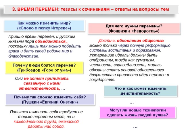 3. ВРЕМЯ ПЕРЕМЕН: тезисы к сочинениям – ответы на вопросы тем Пришло время перемен, и русским князьям пора объединиться,  поскольку лишь так можно победить врага и дать своей родине мир и благоденствие . Достичь обновления общества можно только через полную реформацию системы воспитания и образования . Устаревшие идеалы должны быть отброшены, тогда как гуманизм, честность, справедливость, мораль обязаны стать основой обновленного дворянства и привнести идеи перемен в государстве. Они не хотят принимать связанную с ними ответственность, … …  Попытка изменить себя требу е т не только перемены мест, но и каждодневного труда, ежечасной работы над собой. … 54 