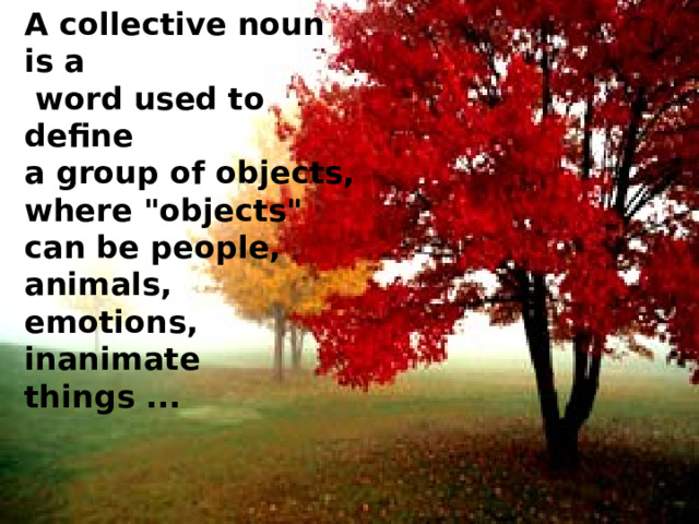 A collective noun is a  word used to define a group of objects, where 