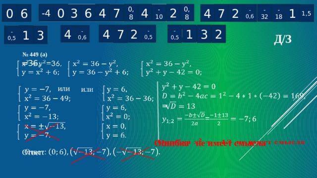 0 0 4 -18 -32 2 -4 -0,6 1 7 2 0,8 0,8 4 3 Д Р А В С Т В У Е Т 7 6 4 3 -10 6 1,5 Д А В С Е О Б Щ И Й 2 3 -0,5 1 -0,5 2 4 7 -0,6 4 В О М В С И Е Р Е М 1 -0,5 3 М И Р Д/З № 449 (а)   =36,   =    или Ответ: Ошибка не имеет смысла   