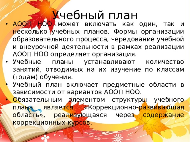 Учебный план АООП НОО может включать как один, так и несколько учебных планов. Формы организации образовательного процесса, чередование учебной и внеурочной деятельности в рамках реализации АООП НОО определяет организация. Учебные планы устанавливают количество занятий, отводимых на их изучение по классам (годам) обучения. Учебный план включает предметные области в зависимости от вариантов АООП НОО. Обязательным элементом структуры учебного плана является «Коррекционно-развивающая область», реализующаяся через содержание коррекционных курсов. 