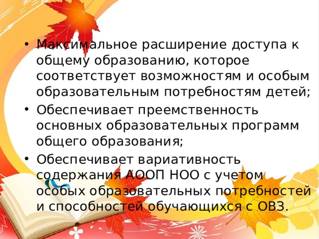 Максимальное расширение доступа к общему образованию, которое соответствует возможностям и особым образовательным потребностям детей; Обеспечивает преемственность основных образовательных программ общего образования; Обеспечивает вариативность содержания АООП НОО с учетом особых образовательных потребностей и способностей обучающихся с ОВЗ. 