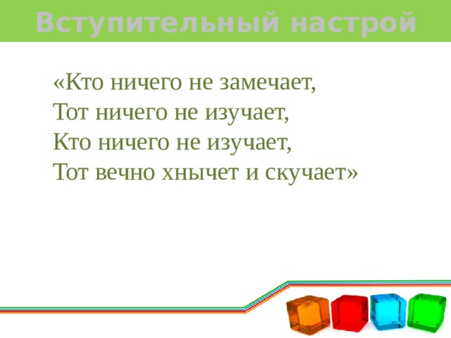 Вступительный настрой «Кто ничего не замечает,  Тот ничего не изучает,  Кто ничего не изучает,  Тот вечно хнычет и скучает» 