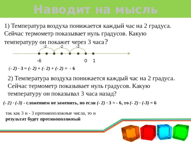 Наводит на мысль 1) Температура воздуха понижается каждый час на 2 градуса. Сейчас термометр показывает нуль градусов. Какую температуру он покажет через 3 часа ? -2 -2 -2 1 -6 0 ( - 2) · 3 = (- 2) + (- 2) + (- 2) = - 6 2) Температура воздуха понижается каждый час на 2 градуса. Сейчас термометр показывает нуль градусов. Какую температуру он показывал 3 часа назад? (- 2) · (-3) - сложением не заменить, но если (- 2) · 3 = - 6, то (- 2) · (-3) = 6 так как 3 и - 3 противоположные числа, то и результат будет противоположный 