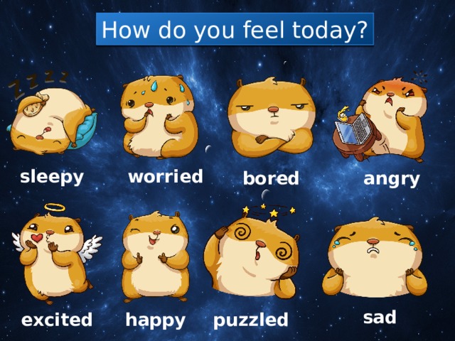 How do you feel today? sleepy worried bored angry sad excited happy puzzled 