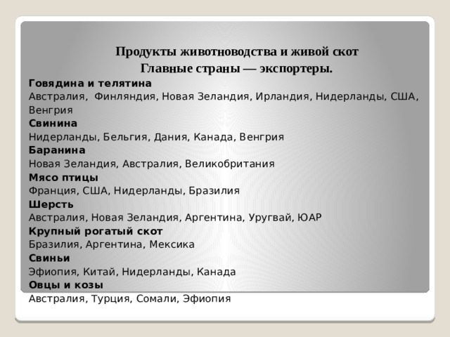 Продукты животноводства и живой скот Главные страны — экспортеры. Говядина и телятина Австралия, Финляндия, Новая Зеландия, Ирландия, Нидерланды, США, Венгрия Свинина Нидерланды, Бельгия, Дания, Канада, Венгрия Баранина Новая Зеландия, Австралия, Великобритания Мясо птицы Франция, США, Нидерланды, Бразилия Шерсть Австралия, Новая Зеландия, Аргентина, Уругвай, ЮАР Крупный рогатый скот Бразилия, Аргентина, Мексика Свиньи Эфиопия, Китай, Нидерланды, Канада Овцы и козы Австралия, Турция, Сомали, Эфиопия 