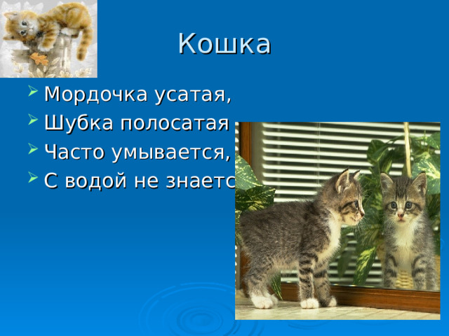 Кошка Мордочка усатая , Шубка полосатая Часто умывается , С водой не знается . 