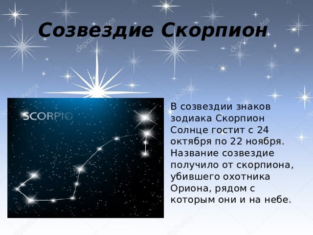 Созвездие Скорпион  В созвездии знаков зодиака Скорпион Солнце гостит с 24 октября по 22 ноября. Название созвездие получило от скорпиона, убившего охотника Ориона, рядом с которым они и на небе. 