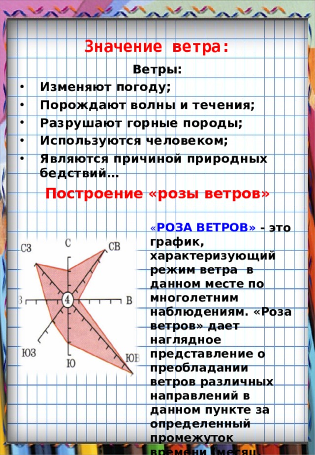 Значение ветра: Ветры: Изменяют погоду; Порождают волны и течения; Разрушают горные породы; Используются человеком; Являются причиной природных бедствий… Построение «розы ветров» « РОЗА ВЕТРОВ» - это график, характеризующий режим ветра  в данном месте по многолетним наблюдениям. «Роза ветров» дает наглядное представление о преобладании ветров различных направлений в данном пункте за определенный промежуток времени (месяц, сезон, год). 