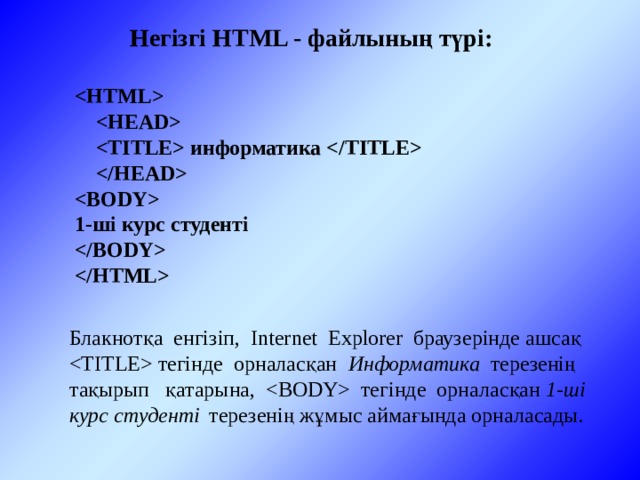 Негізгі HTML - файлының түрі:              информатика           1-ші курс студенті      Блакнотқа енгізіп, Internet Explorer браузерінде ашсақ  тегінде орналасқан Информатика терезенің тақырып қатарына,  тегінде орналасқан 1-ші курс студенті  терезенің жұмыс аймағында орналасады. 