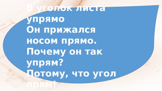 В уголок листа упрямо Он прижался носом прямо. Почему он так упрям? Потому, что угол прям! 