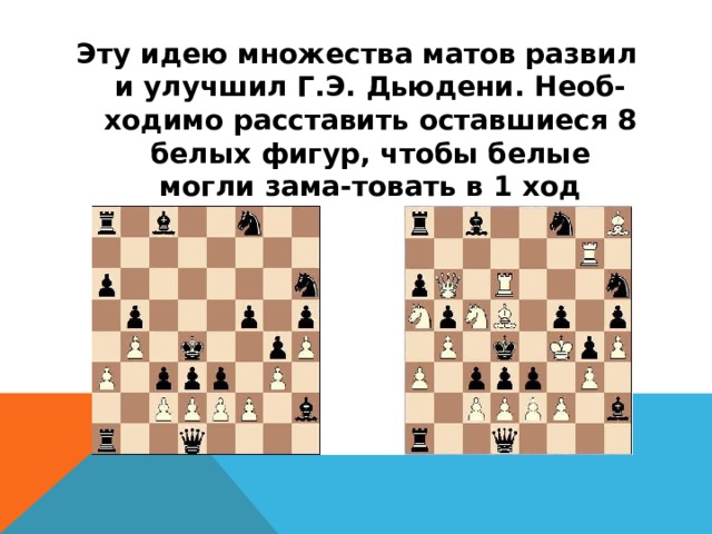 Эту идею множества матов развил и улучшил Г.Э. Дьюдени. Необ-ходимо расставить оставшиеся 8 белых фигур, чтобы белые могли зама-товать в 1 ход черного короля. Сейчас можно дать 36 различных матов!