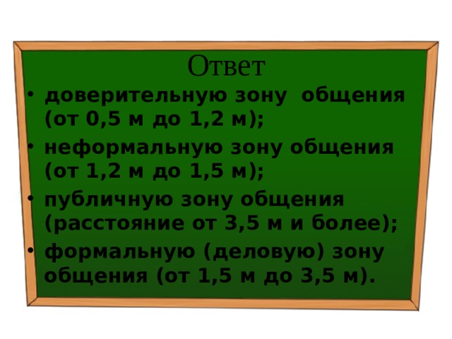Ответ доверительную зону общения (от 0,5 м до 1,2 м); неформальную зону общения (от 1,2 м до 1,5 м); публичную зону общения (расстояние от 3,5 м и более); формальную (деловую) зону общения (от 1,5 м до 3,5 м). 