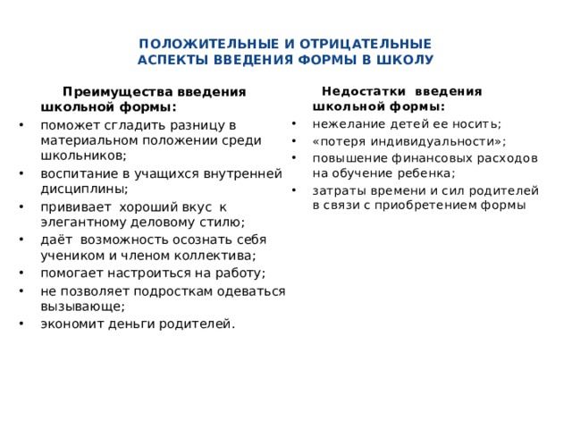  ПОЛОЖИТЕЛЬНЫЕ И ОТРИЦАТЕЛЬНЫЕ  АСПЕКТЫ ВВЕДЕНИЯ ФОРМЫ В ШКОЛУ    Недостатки введения школьной формы:  Преимущества введения школьной формы: нежелание детей ее носить; «потеря индивидуальности»; повышение финансовых расходов на обучение ребенка; затраты времени и сил родителей в связи с приобретением формы поможет сгладить разницу в материальном положении среди школьников; воспитание в учащихся внутренней дисциплины; прививает хороший вкус к элегантному деловому стилю; даёт возможность осознать себя учеником и членом коллектива; помогает настроиться на работу; не позволяет подросткам одеваться вызывающе; экономит деньги родителей. 