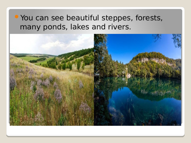 You can see beautiful steppes, forests, many ponds, lakes and rivers. 