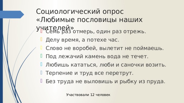 Социологический опрос  «Любимые пословицы наших учителей» Семь раз отмерь, один раз отрежь. Делу время, а потехе час. Слово не воробей, вылетит не поймаешь. Под лежачий камень вода не течет. Любишь кататься, люби и саночки возить. Терпение и труд все перетрут. Без труда не выловишь и рыбку из пруда. Участвовали 12 человек 