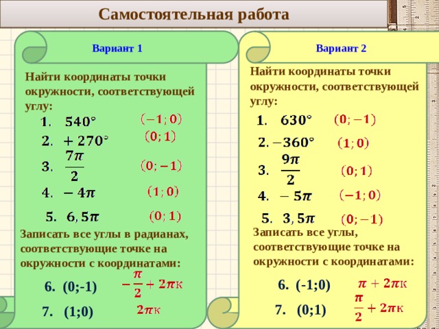    Самостоятельная работа  Вариант 2 Вариант 1           Найти координаты точки окружности, соответствующей углу: Найти координаты точки окружности, соответствующей углу: Записать все углы, соответствующие точке на окружности с координатами:  6. (-1;0)  7. (0;1) Записать все углы в радианах, соответствующие точке на окружности с координатами:  6. (0;-1)  7. (1;0)  11 
