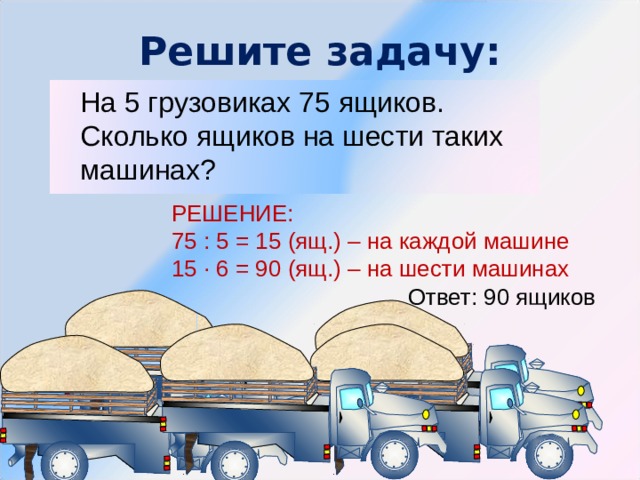 Решите задачу:  На 5 грузовиках 75 ящиков. Сколько ящиков на шести таких машинах? РЕШЕНИЕ: 75 : 5 = 15 (ящ.) – на каждой машине 15 ∙ 6 = 90 (ящ.) – на шести машинах Ответ: 90 ящиков 