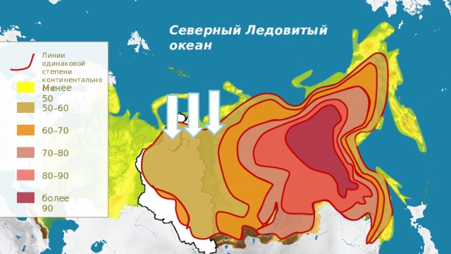 Линия одинаковых давлений на карте 7. Карта средней Сибири со степенью континентальности.