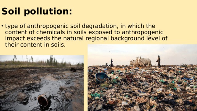 Soil pollution: type of anthropogenic soil degradation, in which the content of chemicals in soils exposed to anthropogenic impact exceeds the natural regional background level of their content in soils. 