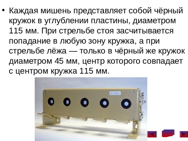 Каждая мишень представляет собой чёрный кружок в углублении пластины, диаметром 115 мм. При стрельбе стоя засчитывается попадание в любую зону кружка, а при стрельбе лёжа — только в чёрный же кружок диаметром 45 мм, центр которого совпадает с центром кружка 115 мм.  