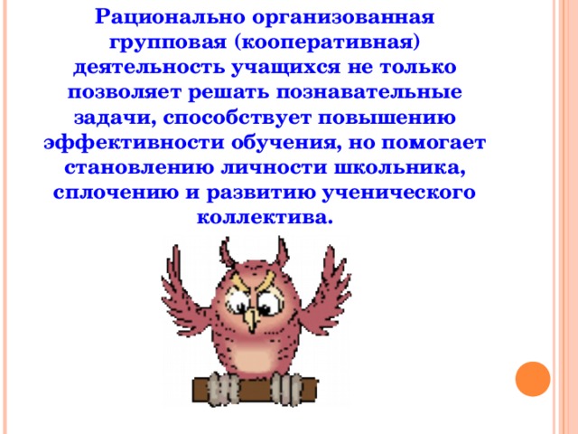 Рационально организованная групповая (кооперативная) деятельность учащихся не только позволяет решать познавательные задачи, способствует повышению эффективности обучения, но помогает становлению личности школьника, сплочению и развитию ученического коллектива. 