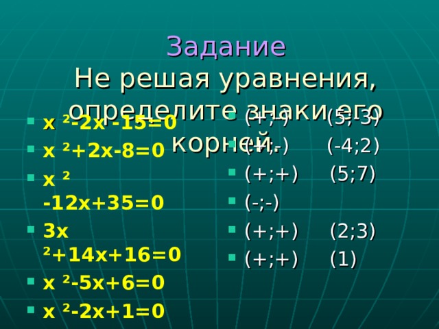 Задание  Не решая уравнения, определите знаки его корней. (+;-) (5;-3) (+;-) (-4;2) (+;+) (5;7) (-;-) (+;+) (2;3) (+;+) (1) х ²-2х -15=0 х ²+2х-8=0 х ² -12х+35=0 3х ²+14х+16=0 х ²-5х+6=0 х ²-2х+1=0    
