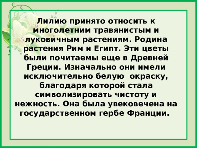 Лилию принято относить к многолетним травянистым и луковичным растениям. Родина растения Рим и Египт. Эти цветы были почитаемы еще в Древней Греции. Изначально они имели исключительно белую окраску,  благодаря которой стала символизировать чистоту и нежность. Она была увековечена на государственном гербе Франции. 