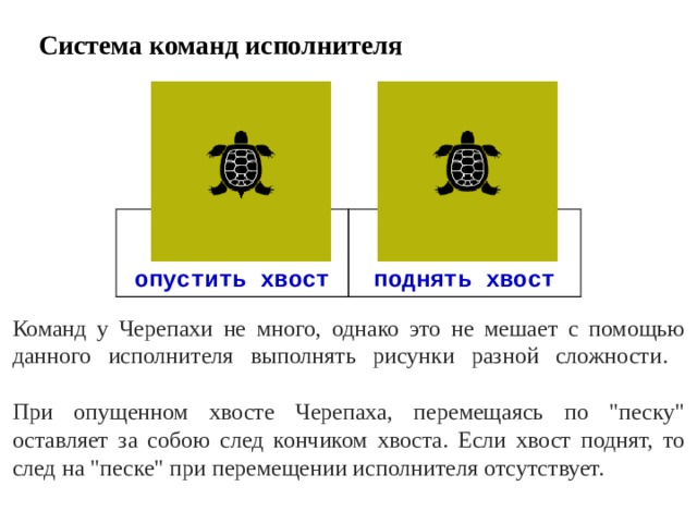 Опустить хвост черепаха. Система команд исполнителя черепаха. Команды исполнителя черепаха. Команда поднять хвост черепахи.