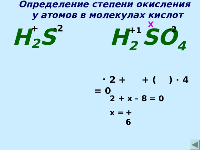 Определение степени окисления  у атомов в молекулах кислот   Х + -2 H 2  SO 4 H 2 S -2 + 1 -2 +  ·  2 + + ( ) · 4 = 0  2 + х – 8 = 0 х = +6 +6 