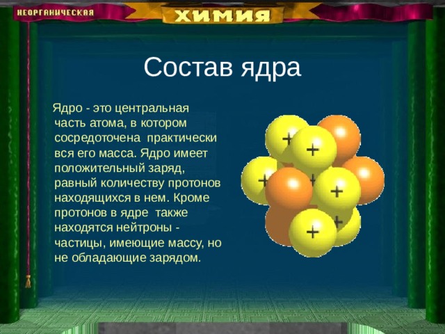 Состав ядра  Ядро - это центральная часть атома, в котором сосредоточена практически вся его масса. Ядро имеет положительный заряд, равный количеству протонов находящихся в нем. Кроме протонов в ядре также находятся нейтроны - частицы, имеющие массу, но не обладающие зарядом . 