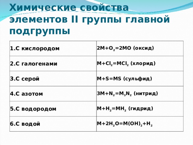 Химические свойства элементов II группы главной подгруппы      1.С кислородом 2M+O 2 =2MO (оксид) 2.С галогенами M+Cl 2 =MCl 2 (хлорид) 3.С серой M+S=MS (сульфид) 4.С азотом 3M+N 2 =M 3 N 2 (нитрид) 5.С водородом M+H 2 =MH 2 (гидрид) 6.С водой M+2H 2 O=M(OH) 2 +H 2  
