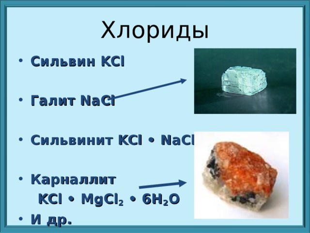 Хлориды Сильвин KCl  Галит NaCl  Сильвинит KCl • NaCl  Карналлит  KCl • MgCl 2 • 6H 2 O И др. 