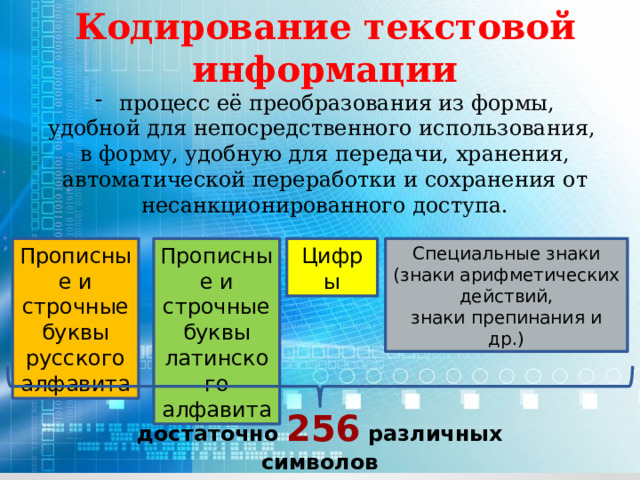 Кодирование текстовой информации процесс её преобразования из формы, удобной для непосредственного использования, в форму, удобную для передачи, хранения, автоматической переработки и сохранения от несанкционированного доступа. Прописные и строчные буквы русского алфавита Прописные и строчные буквы латинского алфавита Цифры Специальные знаки (знаки арифметических действий, знаки препинания и др.) достаточно 256 различных символов 