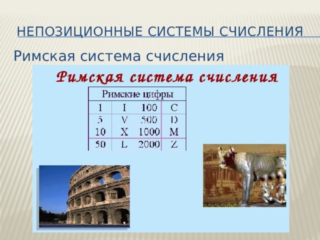Непозиционные системы счисления Римская система счисления 