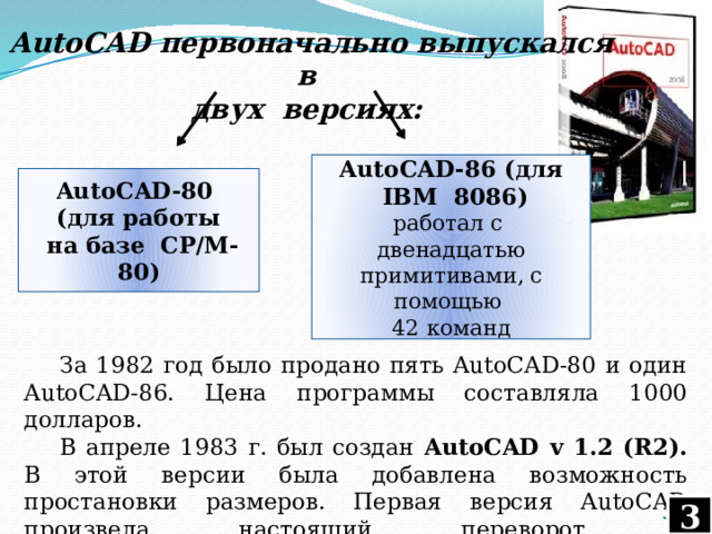 AutoCAD первоначально выпускался в двух версиях: AutoCAD-86 (для  IBM 8086) работал с двенадцатью примитивами, с помощью 42 команд AutoCAD-80 (для работы  на базе СР/М-80) За 1982 год было продано пять AutoCAD-80 и один AutoCAD-86. Цена программы составляла 1000 долларов. В апреле 1983 г. был создан AutoCAD v 1.2 (R2). В этой версии была добавлена возможность простановки размеров. Первая версия AutoCAD произвела настоящий переворот в автоматизированном проектировании.  