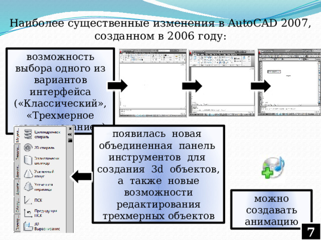 Наиболее существенные изменения в AutoCAD 2007, созданном в 2006 году: возможность выбора одного из вариантов интерфейса («Классический», «Трехмерное моделирование») появилась новая объединенная панель инструментов для создания 3d объектов, а также новые возможности редактирования трехмерных объектов можно создавать анимацию 