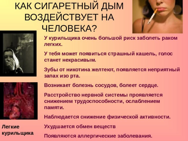 КАК СИГАРЕТНЫЙ ДЫМ ВОЗДЕЙСТВУЕТ НА ЧЕЛОВЕКА? У курильщика очень большой риск заболеть раком легких. У тебя может появиться страшный кашель, голос станет некрасивым. Зубы от никотина желтеют, появляется неприятный запах изо рта. Возникает болезнь сосудов, болеет сердце. Расстройство нервной системы проявляется снижением трудоспособности, ослаблением памяти. Наблюдается снижение физической активности. Ухудшается обмен веществ Появляются аллергические заболевания. Легкие курильщика 