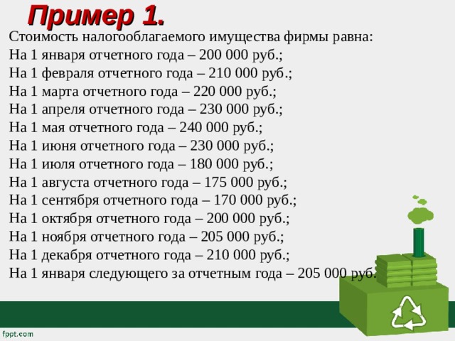 Пример 1.   Стоимость налогооблагаемого имущества фирмы равна: На 1 января отчетного года – 200 000 руб.; На 1 февраля отчетного года – 210 000 руб.; На 1 марта отчетного года – 220 000 руб.; На 1 апреля отчетного года – 230 000 руб.; На 1 мая отчетного года – 240 000 руб.; На 1 июня отчетного года – 230 000 руб.; На 1 июля отчетного года – 180 000 руб.; На 1 августа отчетного года – 175 000 руб.; На 1 сентября отчетного года – 170 000 руб.; На 1 октября отчетного года – 200 000 руб.; На 1 ноября отчетного года – 205 000 руб.; На 1 декабря отчетного года – 210 000 руб.; На 1 января следующего за отчетным года – 205 000 руб. 