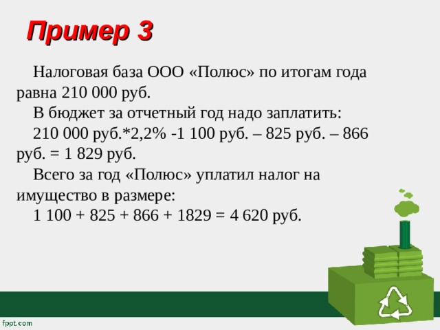 Пример 3 Налоговая база ООО «Полюс» по итогам года равна 210 000 руб. В бюджет за отчетный год надо заплатить: 210 000 руб.*2,2% -1 100 руб. – 825 руб. – 866 руб. = 1 829 руб. Всего за год «Полюс» уплатил налог на имущество в размере: 1 100 + 825 + 866 + 1829 = 4 620 руб. 